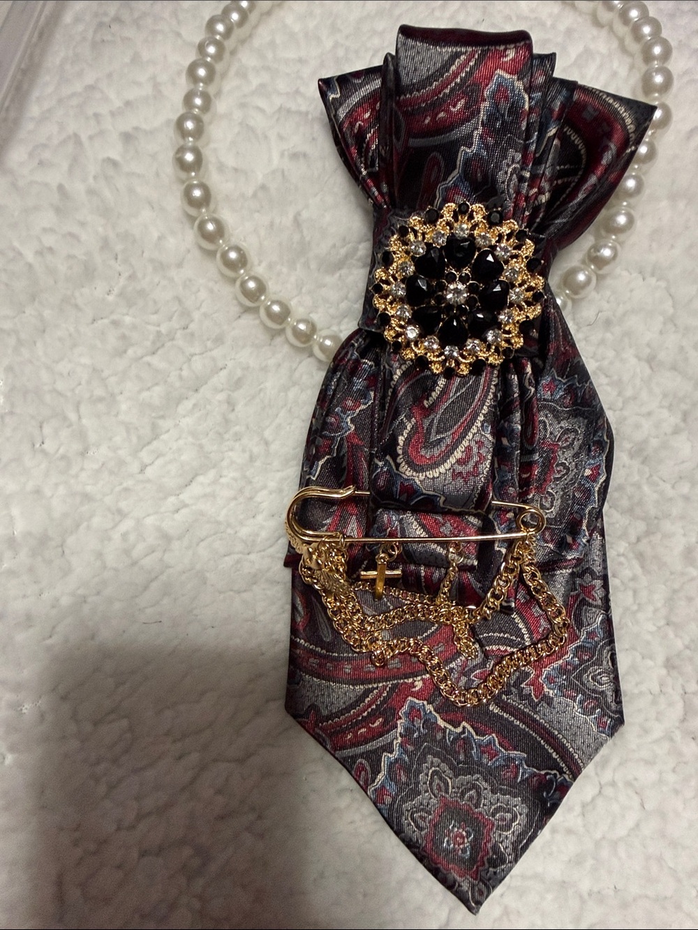Paisley Silk-Look Tie Necklace with Gold Brooch & Pearl Accent